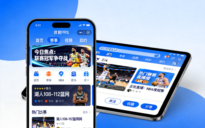 在手机和平板电脑上展示的体育资讯APP界面截图